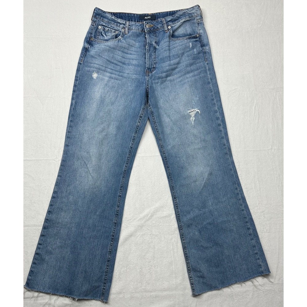 Aero High‎ Rise Wide Leg Jeans Distressed Frayed Hem Denim Light Wash 14